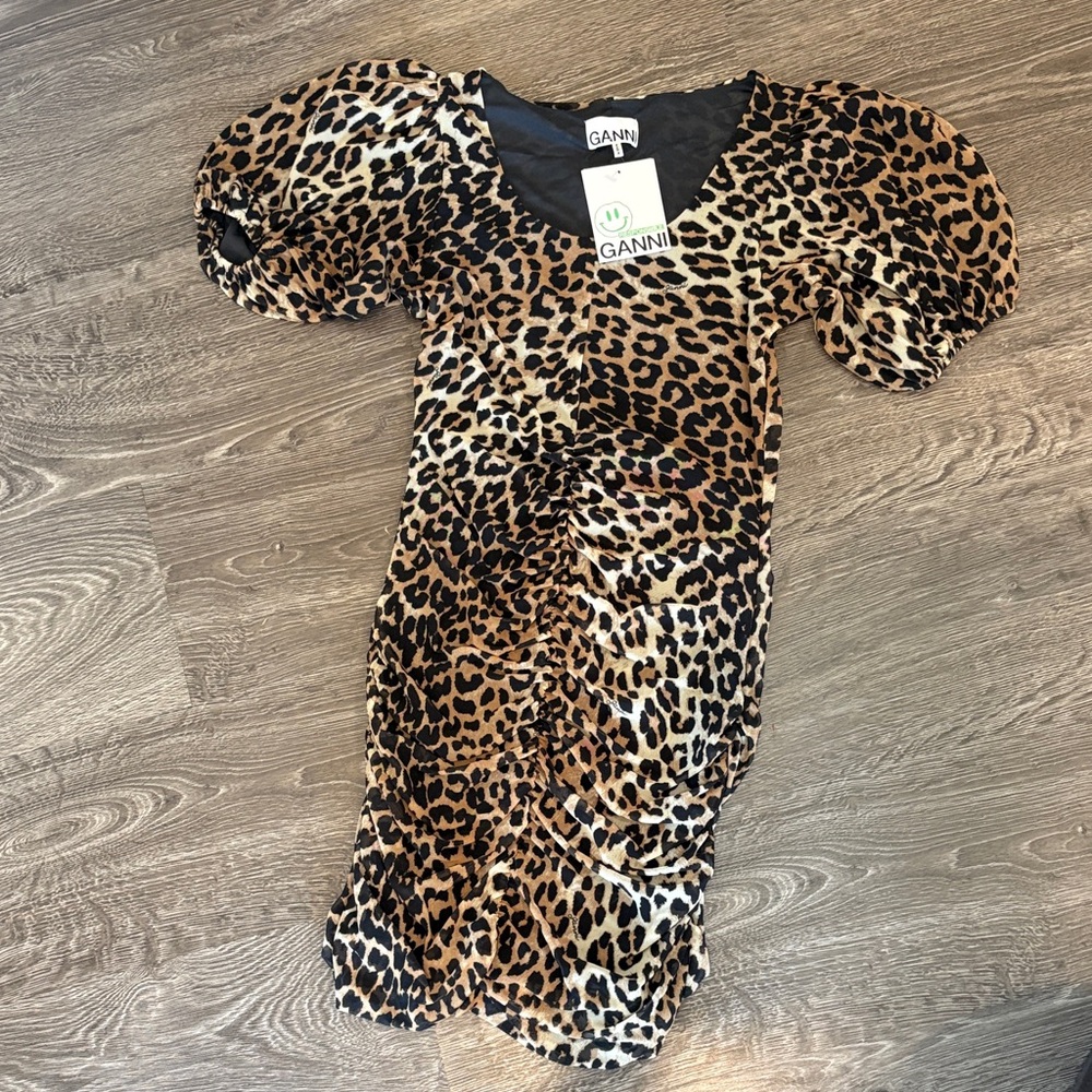 Ganni Animal Print Puff Sleeve Dress M